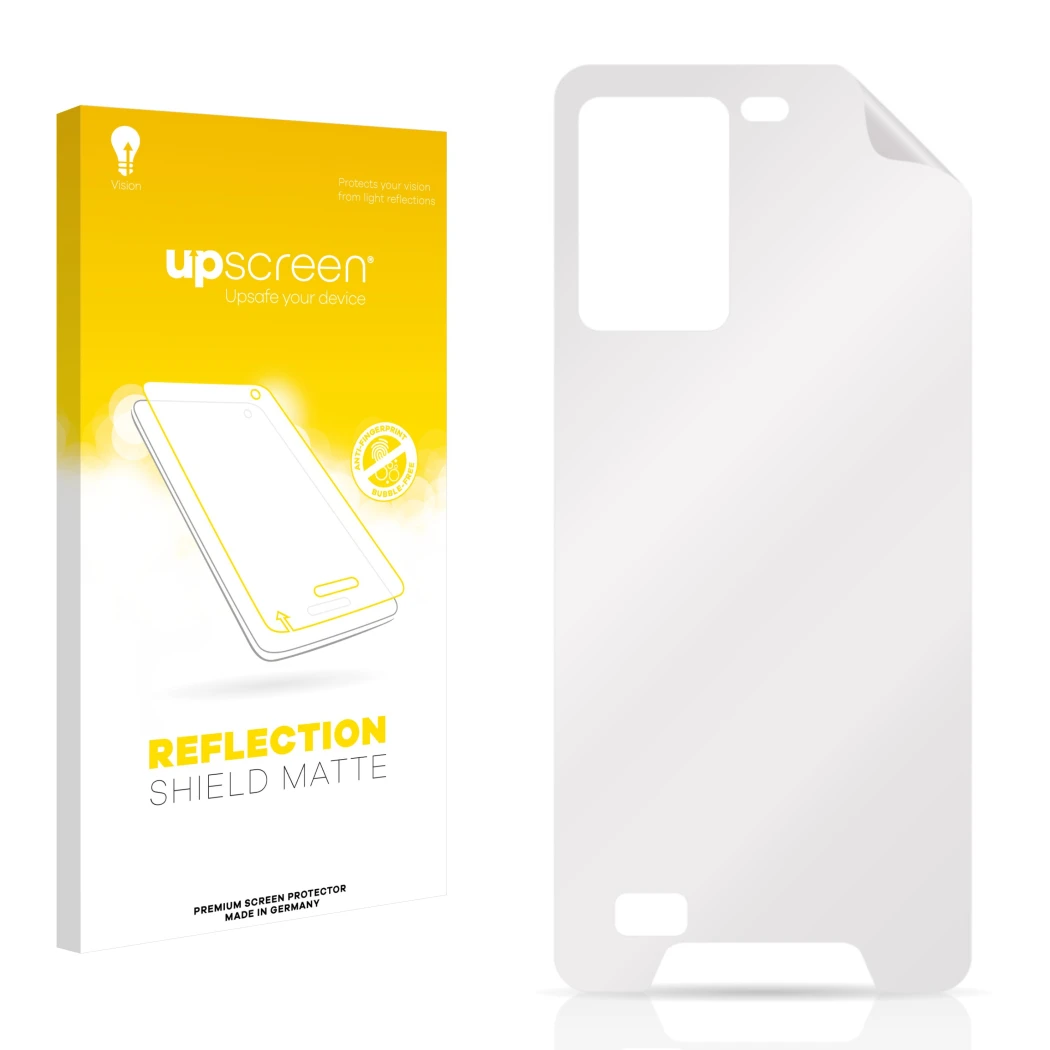 Parte frontal de un envase de producto con el logotipo de la marca upscreen. Al lado está el protector de pantalla correspondi