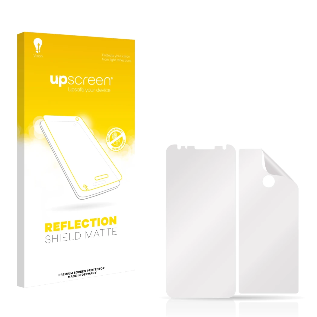 Parte frontal de un envase de producto con el logotipo de la marca upscreen. Al lado está el protector de pantalla correspondi