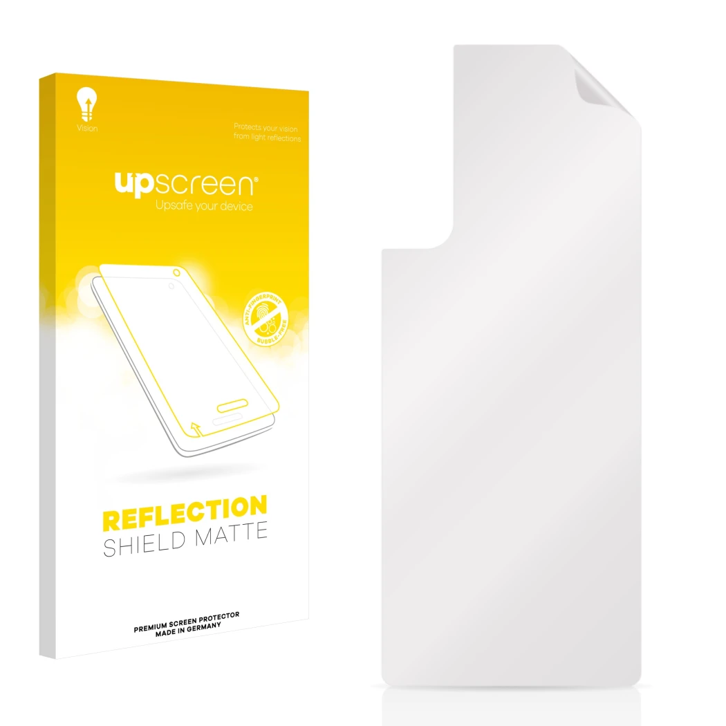 Parte frontal de un envase de producto con el logotipo de la marca upscreen. Al lado está el protector de pantalla correspondi
