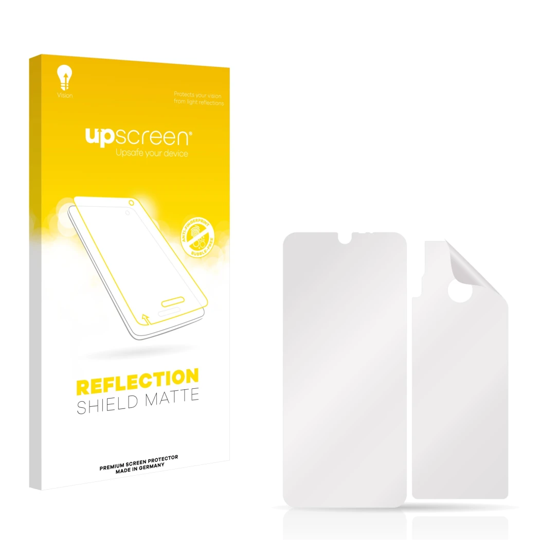 Parte frontal de un envase de producto con el logotipo de la marca upscreen. Al lado está el protector de pantalla correspondi
