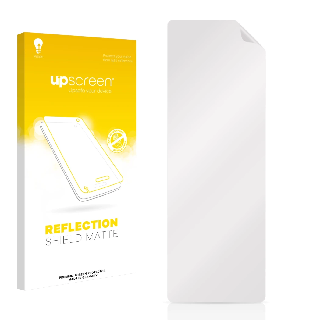 Parte frontal de un envase de producto con el logotipo de la marca upscreen. Al lado está el protector de pantalla correspondi