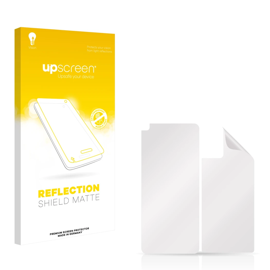 Parte frontal de un envase de producto con el logotipo de la marca upscreen. Al lado está el protector de pantalla correspondi