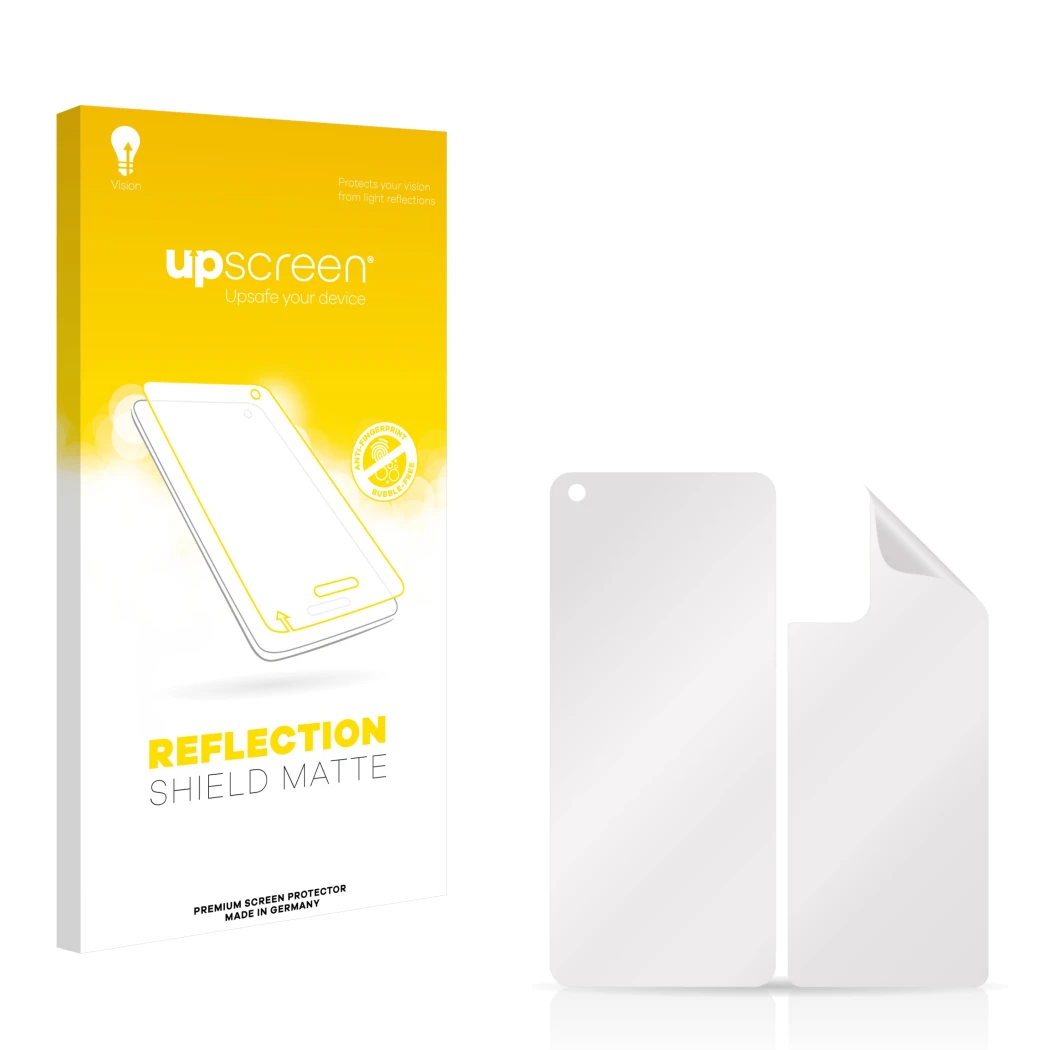 Parte frontal de un envase de producto con el logotipo de la marca upscreen. Al lado está el protector de pantalla correspondi