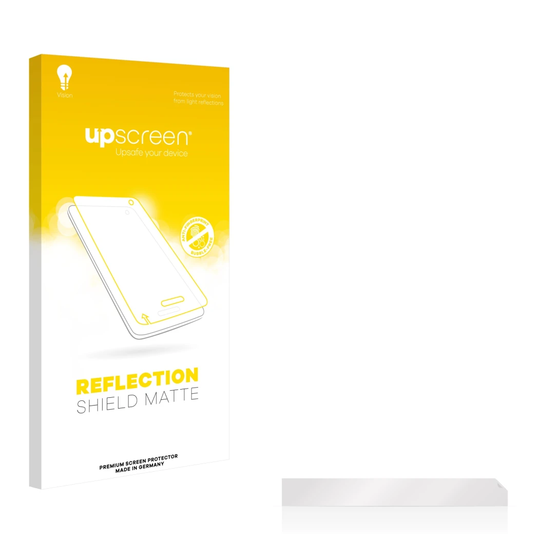 Parte frontal de un envase de producto con el logotipo de la marca upscreen. Al lado está el protector de pantalla correspondi