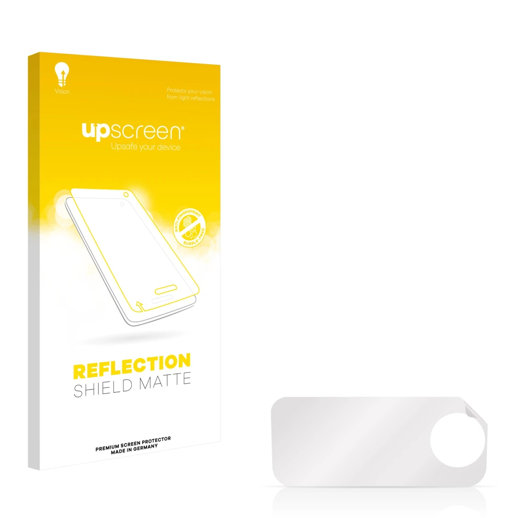 Parte frontal de un envase de producto con el logotipo de la marca upscreen. Al lado está el protector de pantalla correspondi