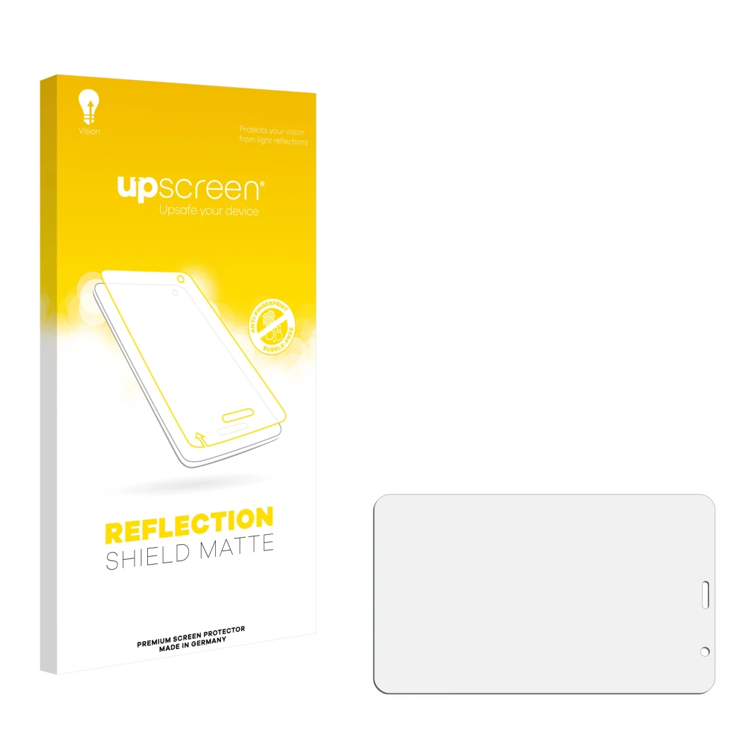 Parte frontal de un envase de producto con el logotipo de la marca upscreen. Al lado está el protector de pantalla correspondi