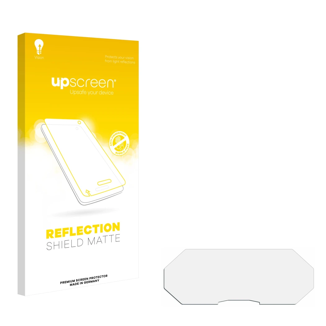 Parte frontal de un envase de producto con el logotipo de la marca upscreen. Al lado está el protector de pantalla correspondi