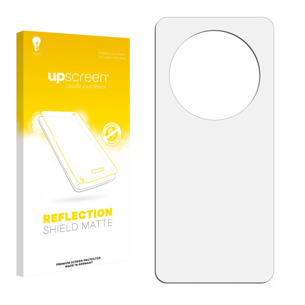 Parte frontal de un envase de producto con el logotipo de la marca upscreen. Al lado está el protector de pantalla correspondi