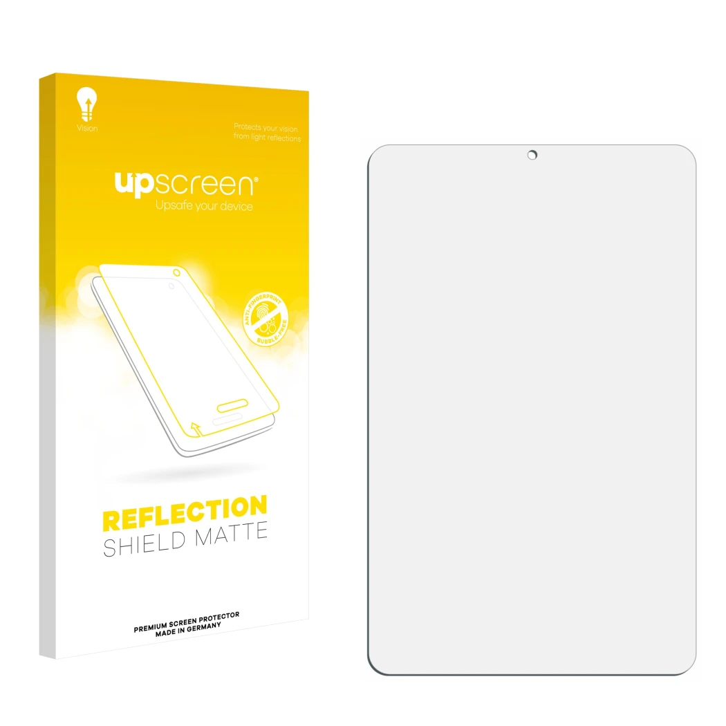 Parte frontal de un envase de producto con el logotipo de la marca upscreen. Al lado está el protector de pantalla correspondi