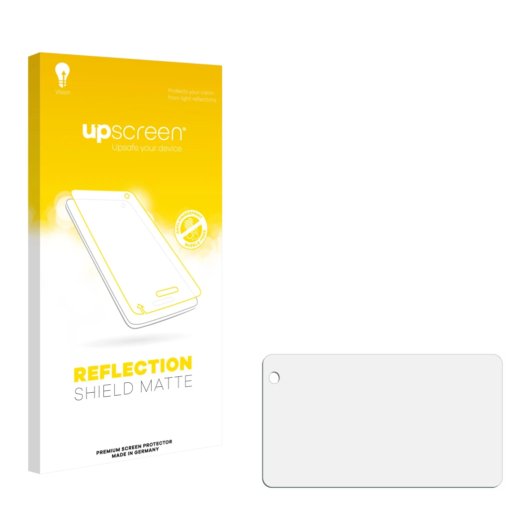 Parte frontal de un envase de producto con el logotipo de la marca upscreen. Al lado está el protector de pantalla correspondi