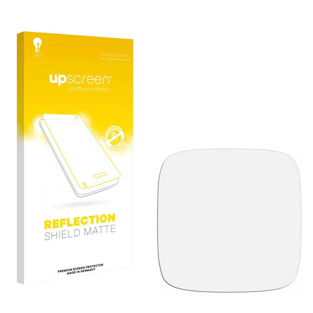 Parte frontal de un envase de producto con el logotipo de la marca upscreen. Al lado está el protector de pantalla correspondi