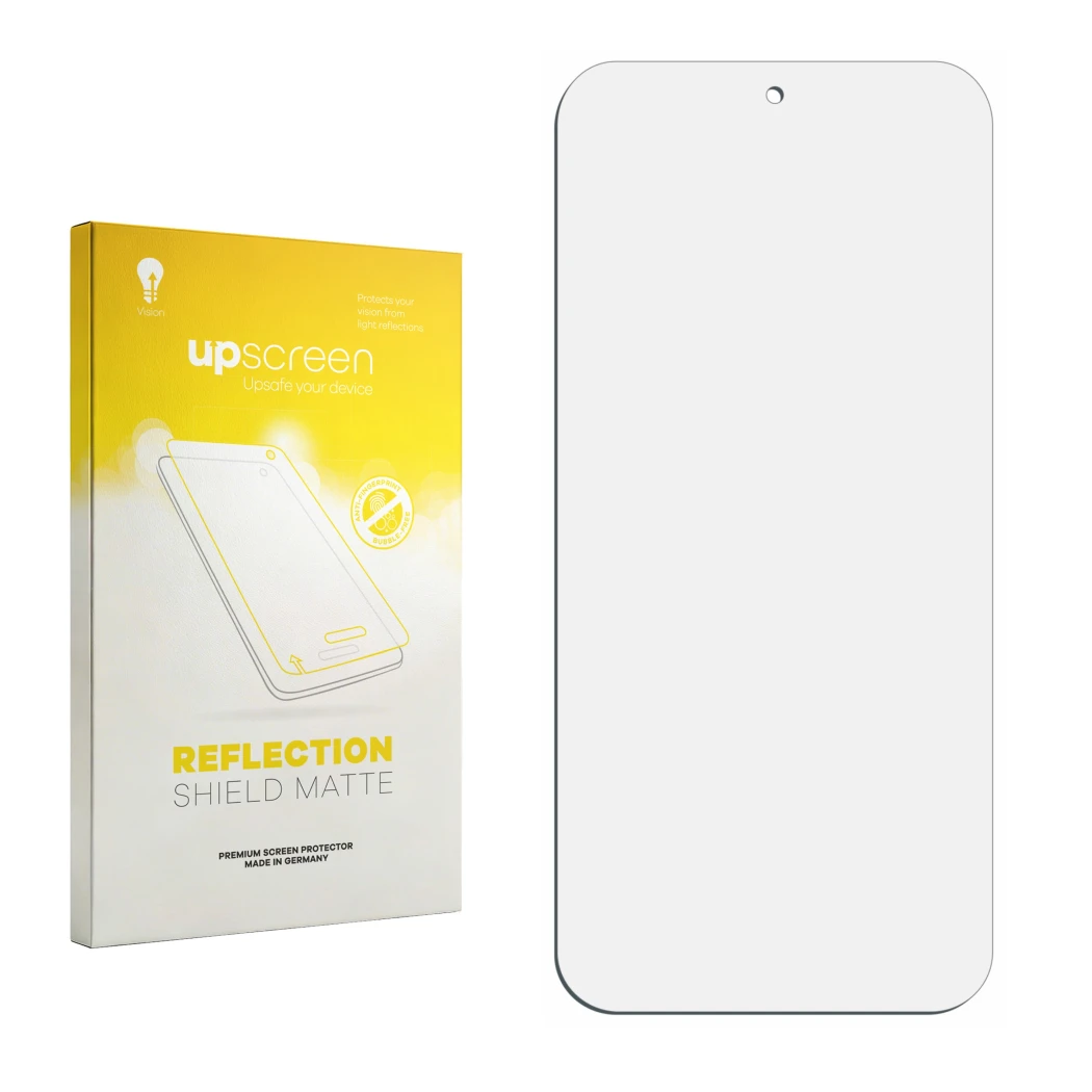 Parte frontal de un envase de producto con el logotipo de la marca upscreen. Al lado está el protector de pantalla correspondi