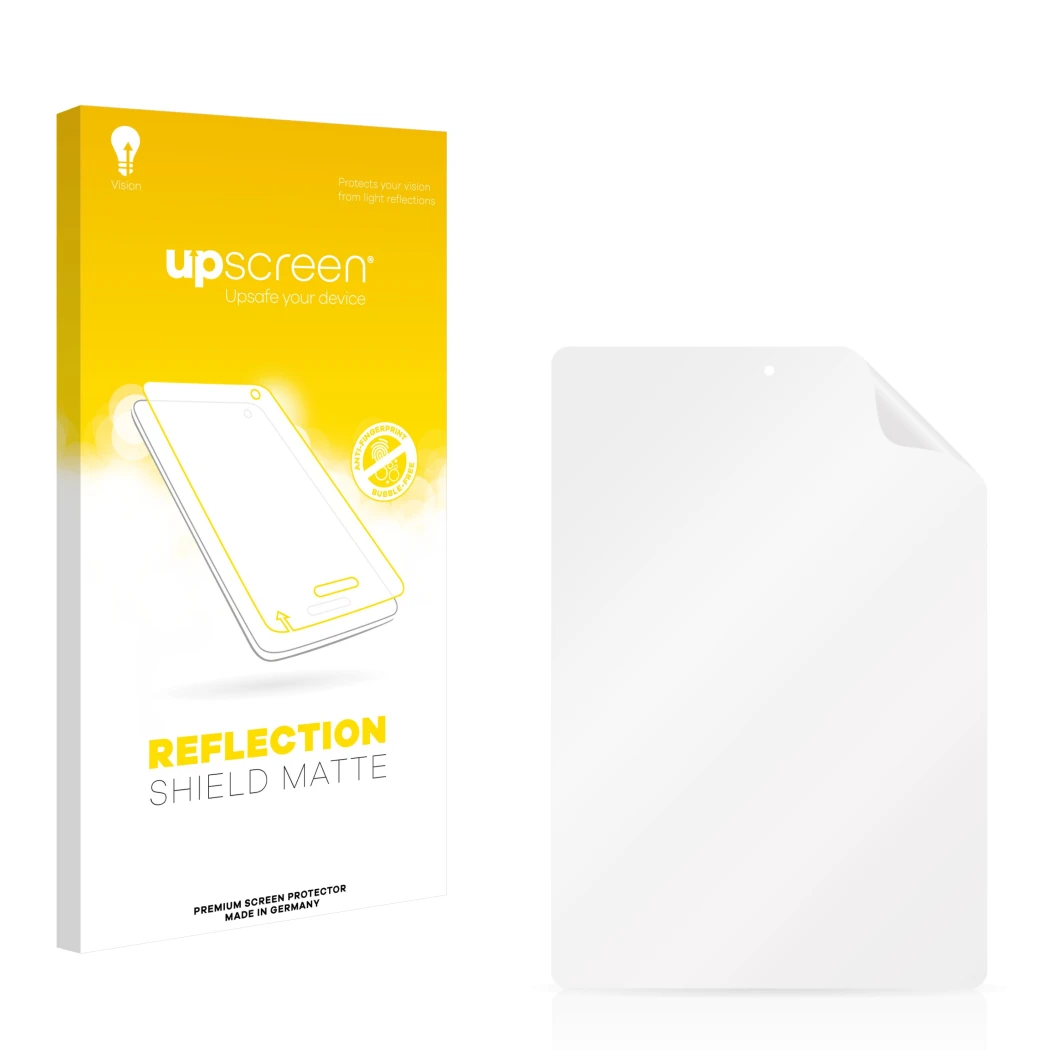 Parte frontal de un envase de producto con el logotipo de la marca upscreen. Al lado está el protector de pantalla correspondi