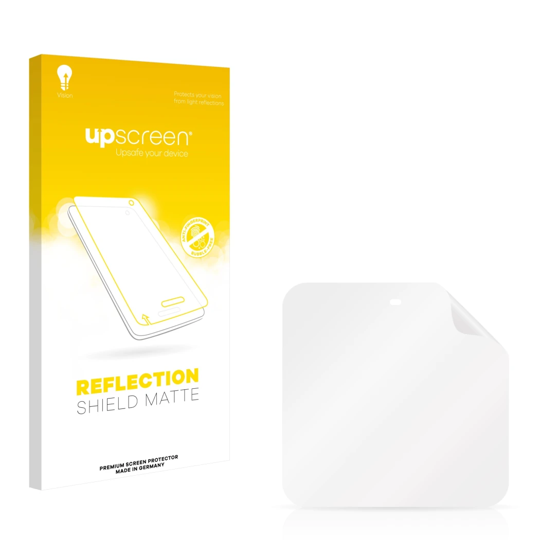 Parte frontal de un envase de producto con el logotipo de la marca upscreen. Al lado está el protector de pantalla correspondi