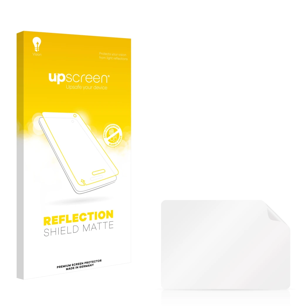 Parte frontal de un envase de producto con el logotipo de la marca upscreen. Al lado está el protector de pantalla correspondi