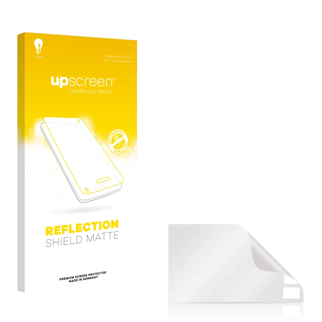 Parte frontal de un envase de producto con el logotipo de la marca upscreen. Al lado está el protector de pantalla correspondi