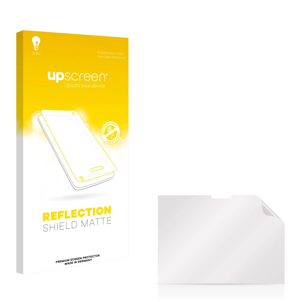 Parte frontal de un envase de producto con el logotipo de la marca upscreen. Al lado está el protector de pantalla correspondi