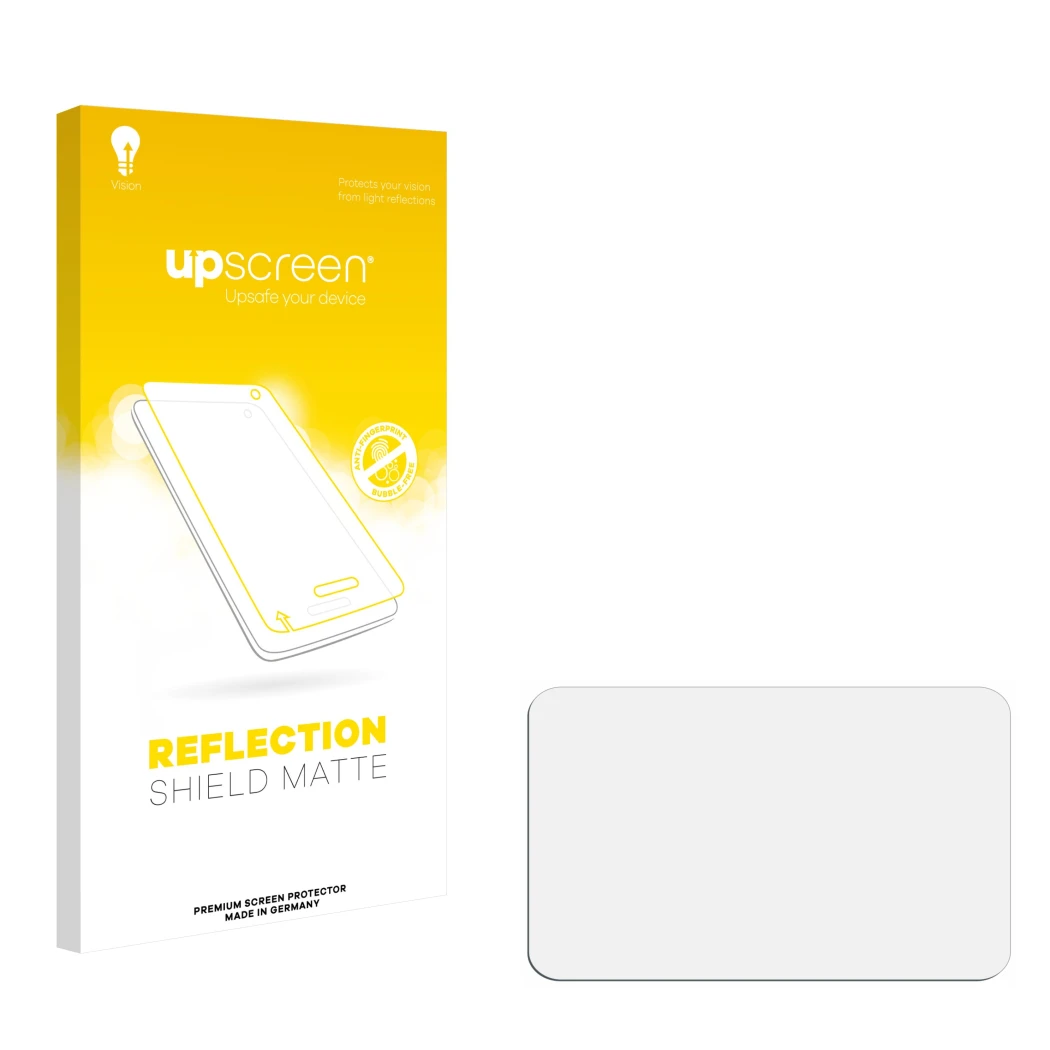 Parte frontal de un envase de producto con el logotipo de la marca upscreen. Al lado está el protector de pantalla correspondi