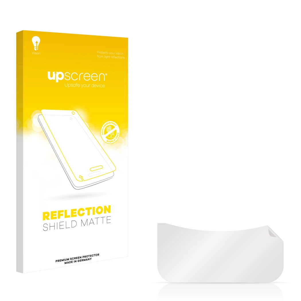 Parte frontal de un envase de producto con el logotipo de la marca upscreen. Al lado está el protector de pantalla correspondi