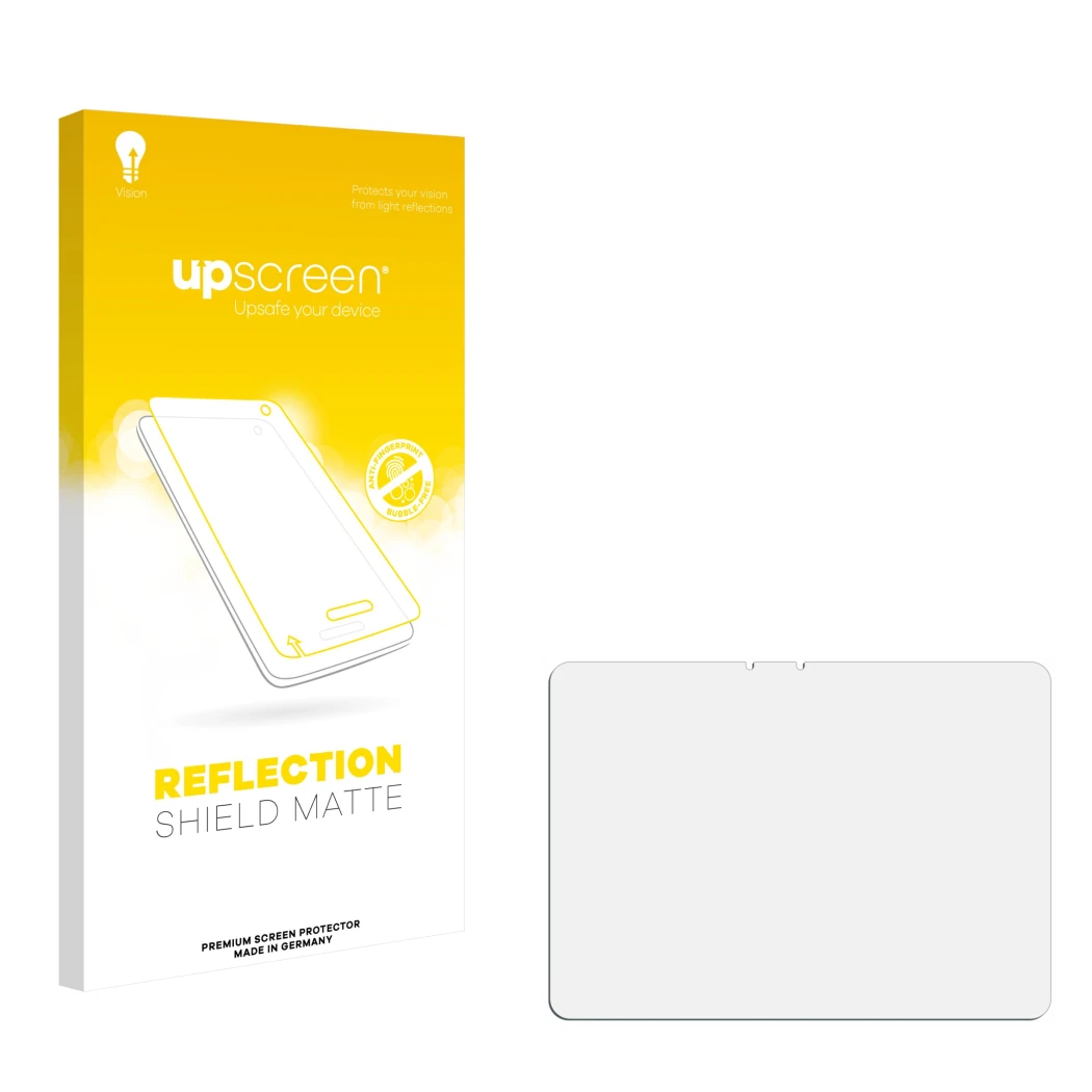 Parte frontal de un envase de producto con el logotipo de la marca upscreen. Al lado está el protector de pantalla correspondi