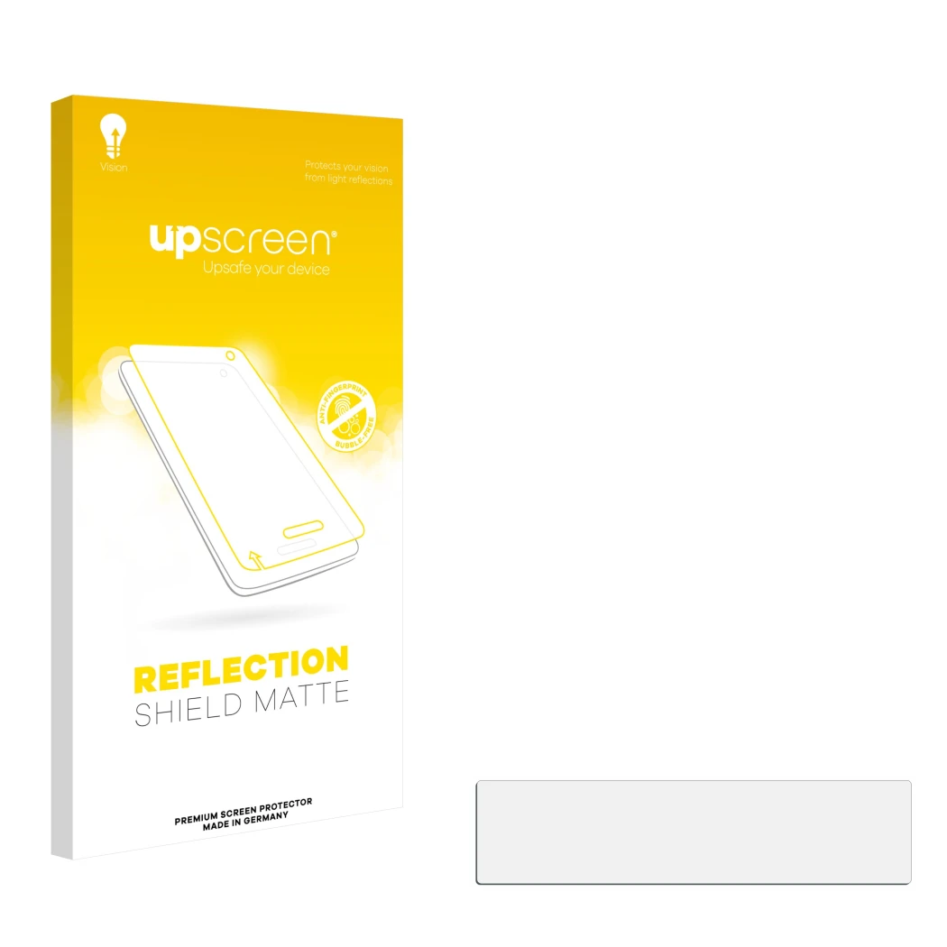 Parte frontal de un envase de producto con el logotipo de la marca upscreen. Al lado está el protector de pantalla correspondi