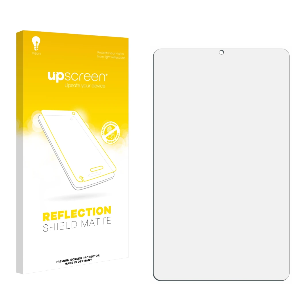 Parte frontal de un envase de producto con el logotipo de la marca upscreen. Al lado está el protector de pantalla correspondi
