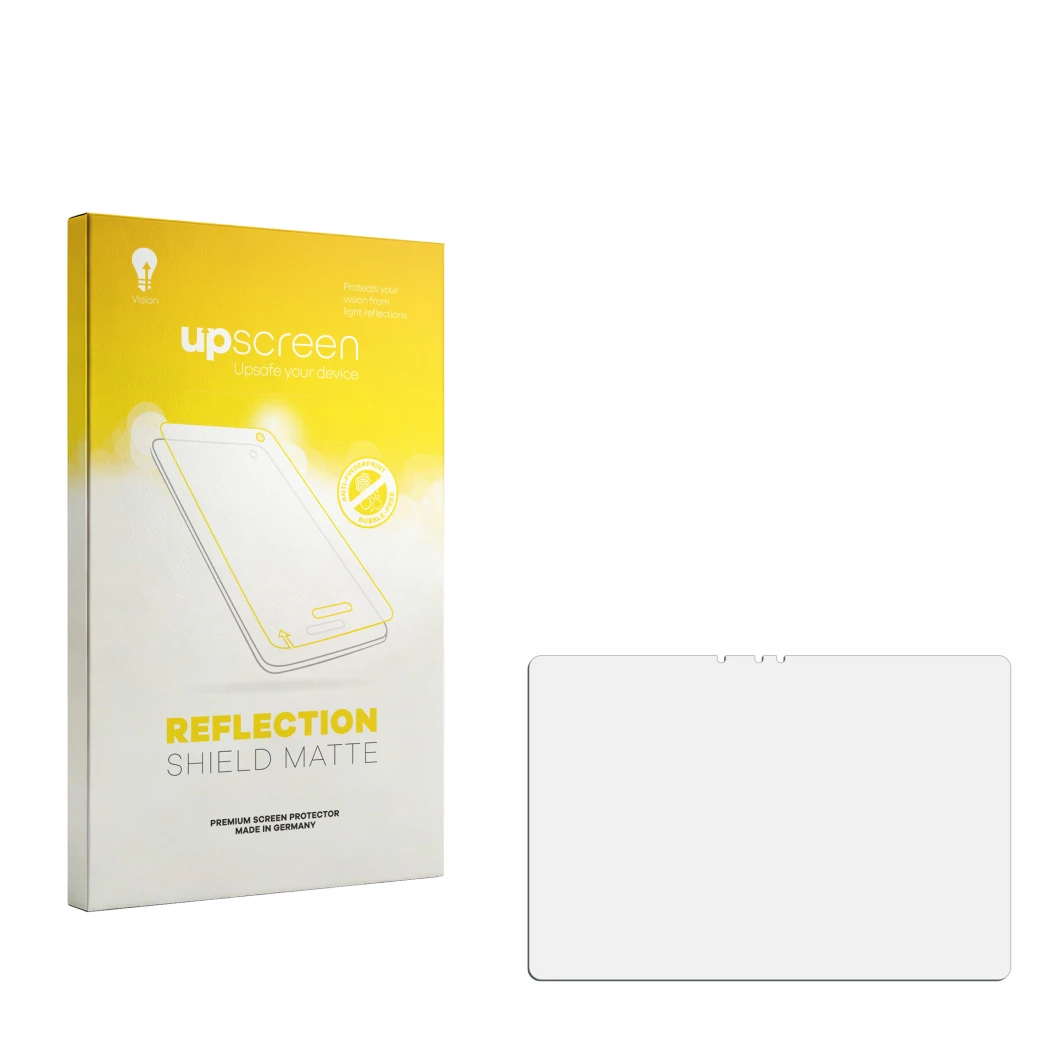 Parte frontal de un envase de producto con el logotipo de la marca upscreen. Al lado está el protector de pantalla correspondi