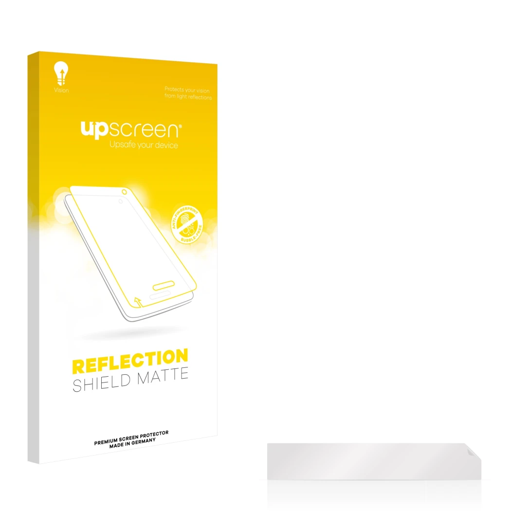 Parte frontal de un envase de producto con el logotipo de la marca upscreen. Al lado está el protector de pantalla correspondi
