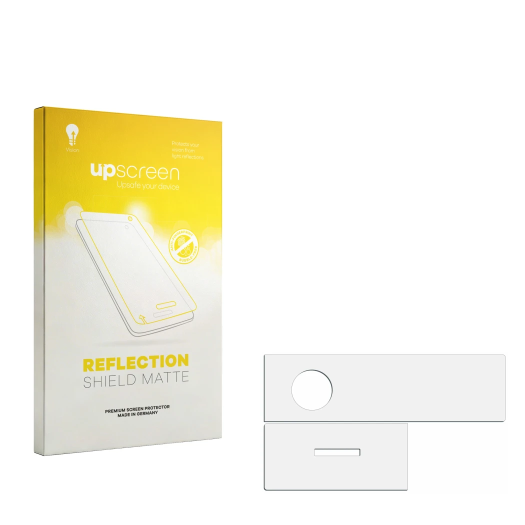 Parte frontal de un envase de producto con el logotipo de la marca upscreen. Al lado está el protector de pantalla correspondi