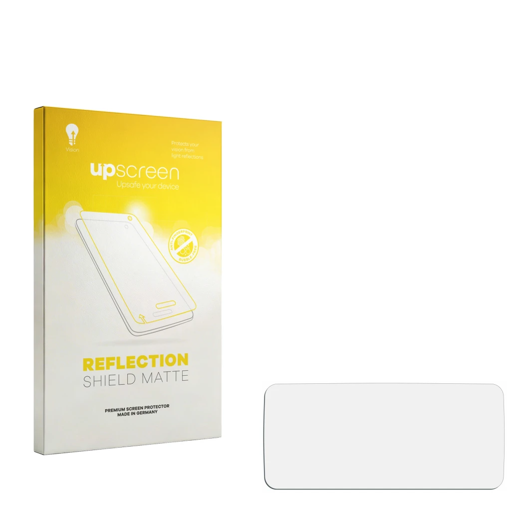 Parte frontal de un envase de producto con el logotipo de la marca upscreen. Al lado está el protector de pantalla correspondi