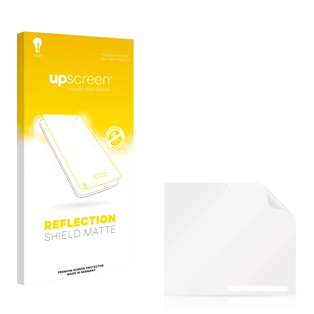 Parte frontal de un envase de producto con el logotipo de la marca upscreen. Al lado está el protector de pantalla correspondi