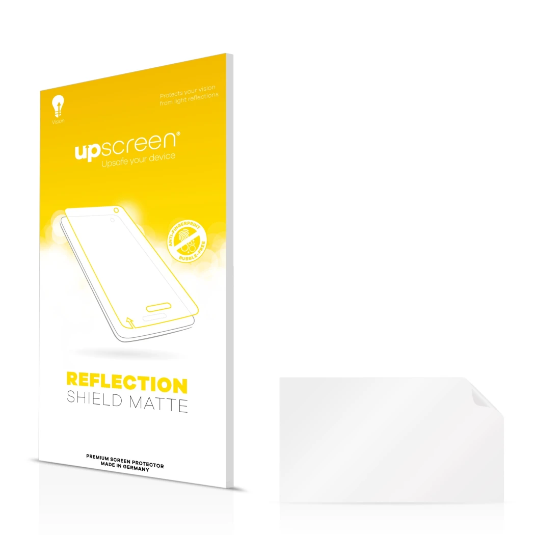 Parte frontal de un envase de producto con el logotipo de la marca upscreen. Al lado está el protector de pantalla correspondi