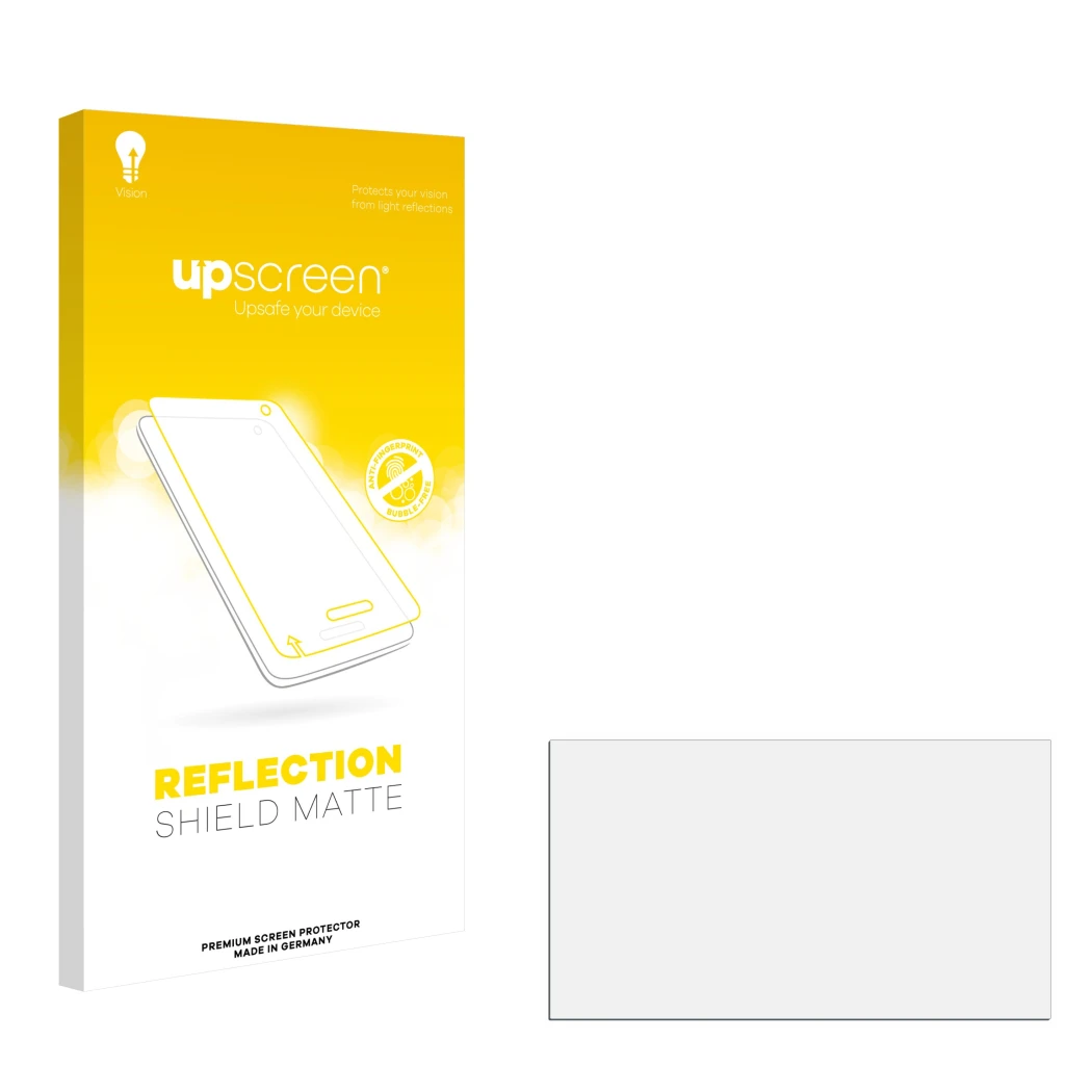 Parte frontal de un envase de producto con el logotipo de la marca upscreen. Al lado está el protector de pantalla correspondi