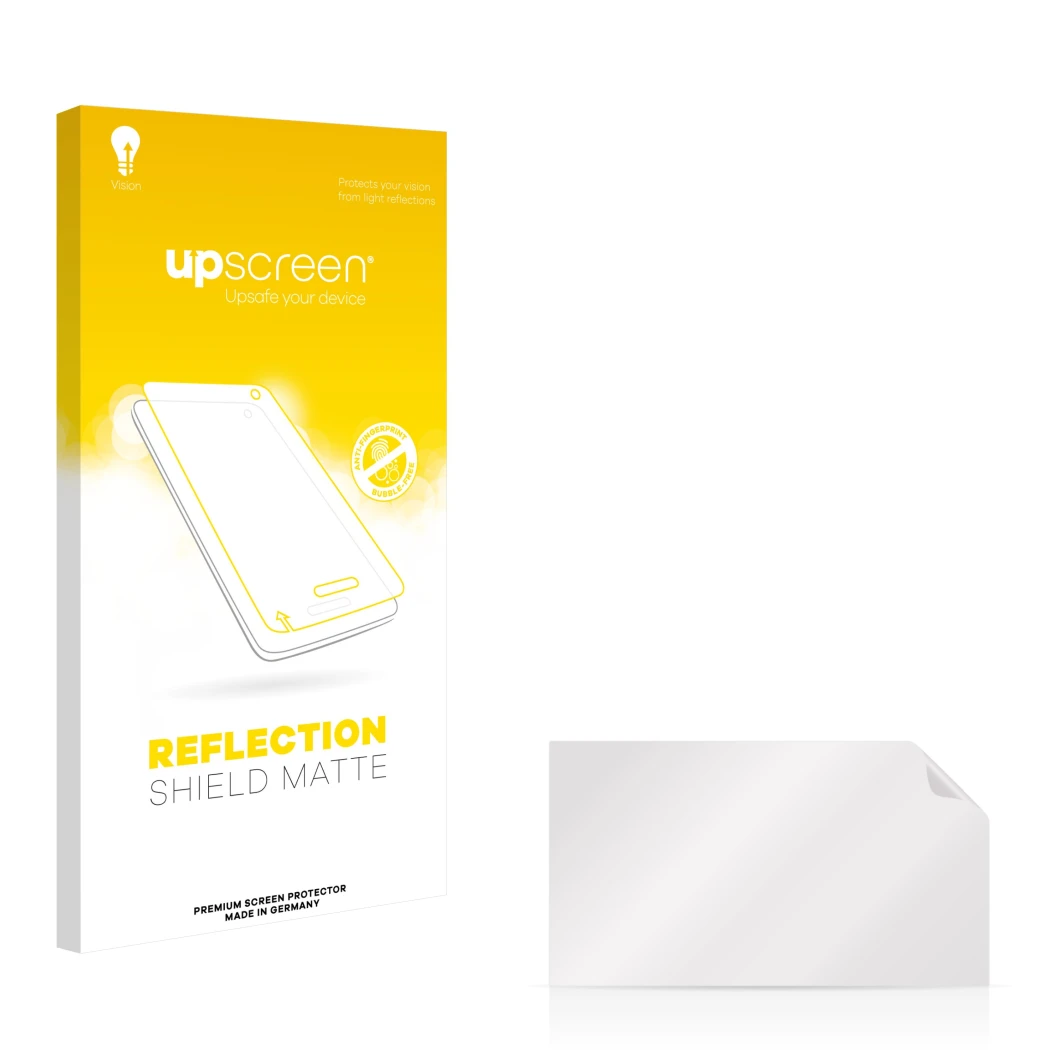 Parte frontal de un envase de producto con el logotipo de la marca upscreen. Al lado está el protector de pantalla correspondi