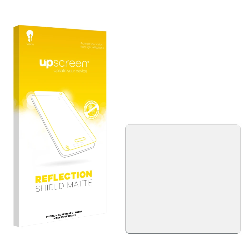 Parte frontal de un envase de producto con el logotipo de la marca upscreen. Al lado está el protector de pantalla correspondi
