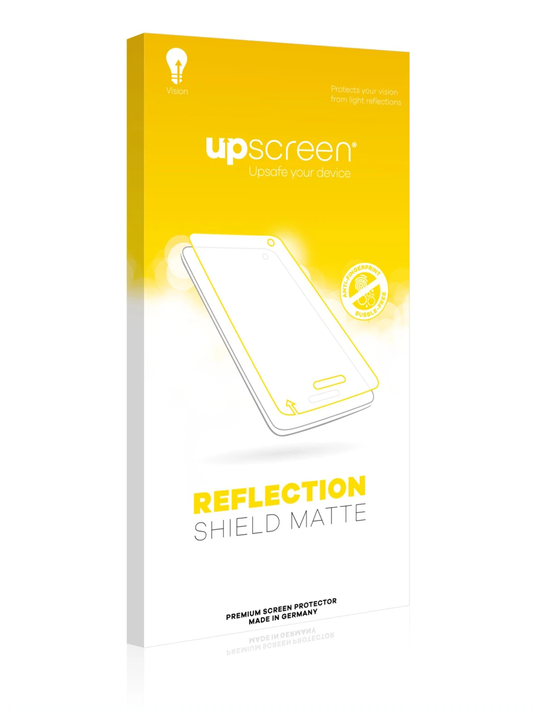 Parte frontal de un envase de producto con el logotipo de la marca upscreen