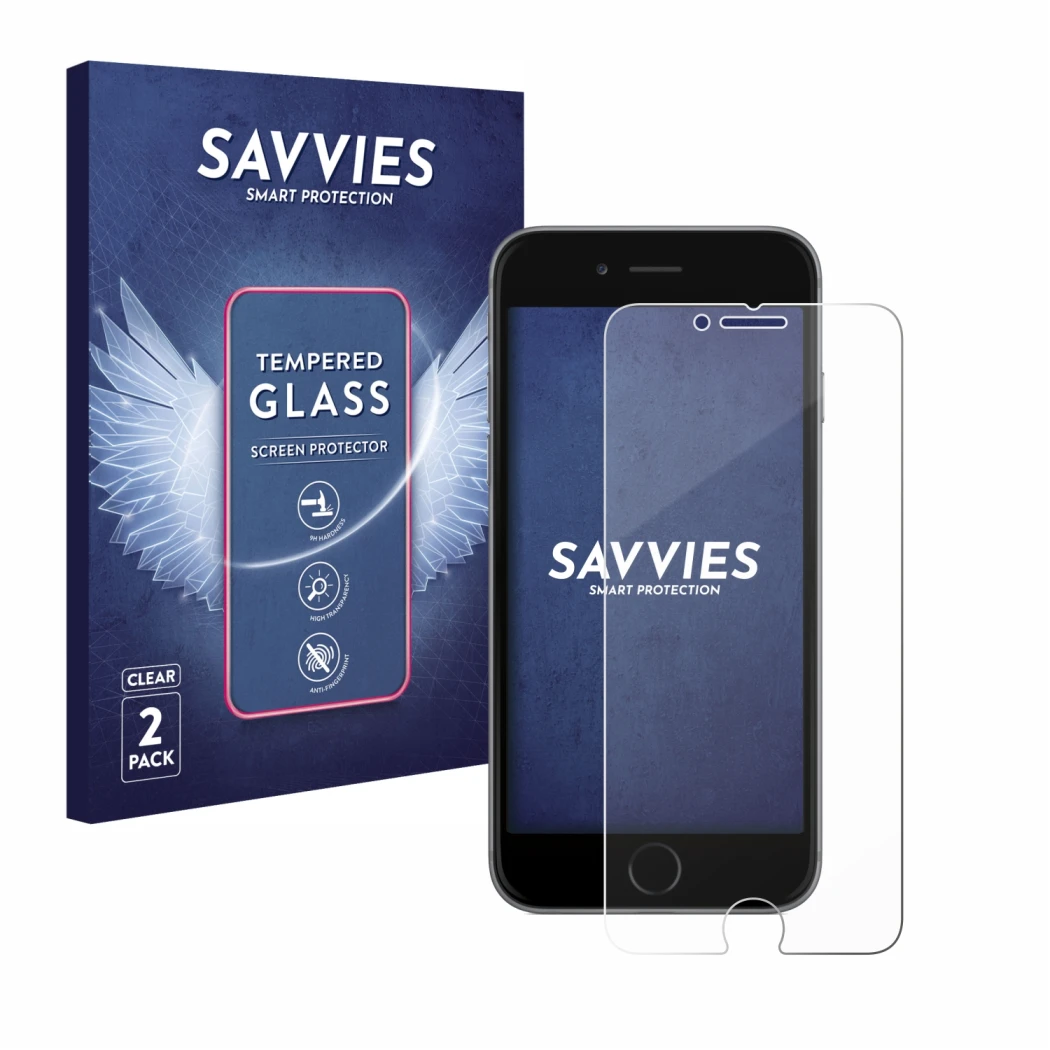 Parte frontal de un envase de producto con el logotipo de la marca Savvies. Al lado se muestra el dispositivo Apple iPhone 6S 