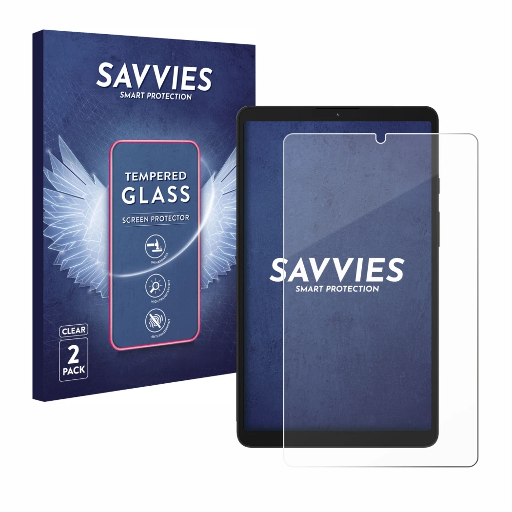 Parte frontal de un envase de producto con el logotipo de la marca Savvies. Al lado se muestra el dispositivo Samsung Galaxy T
