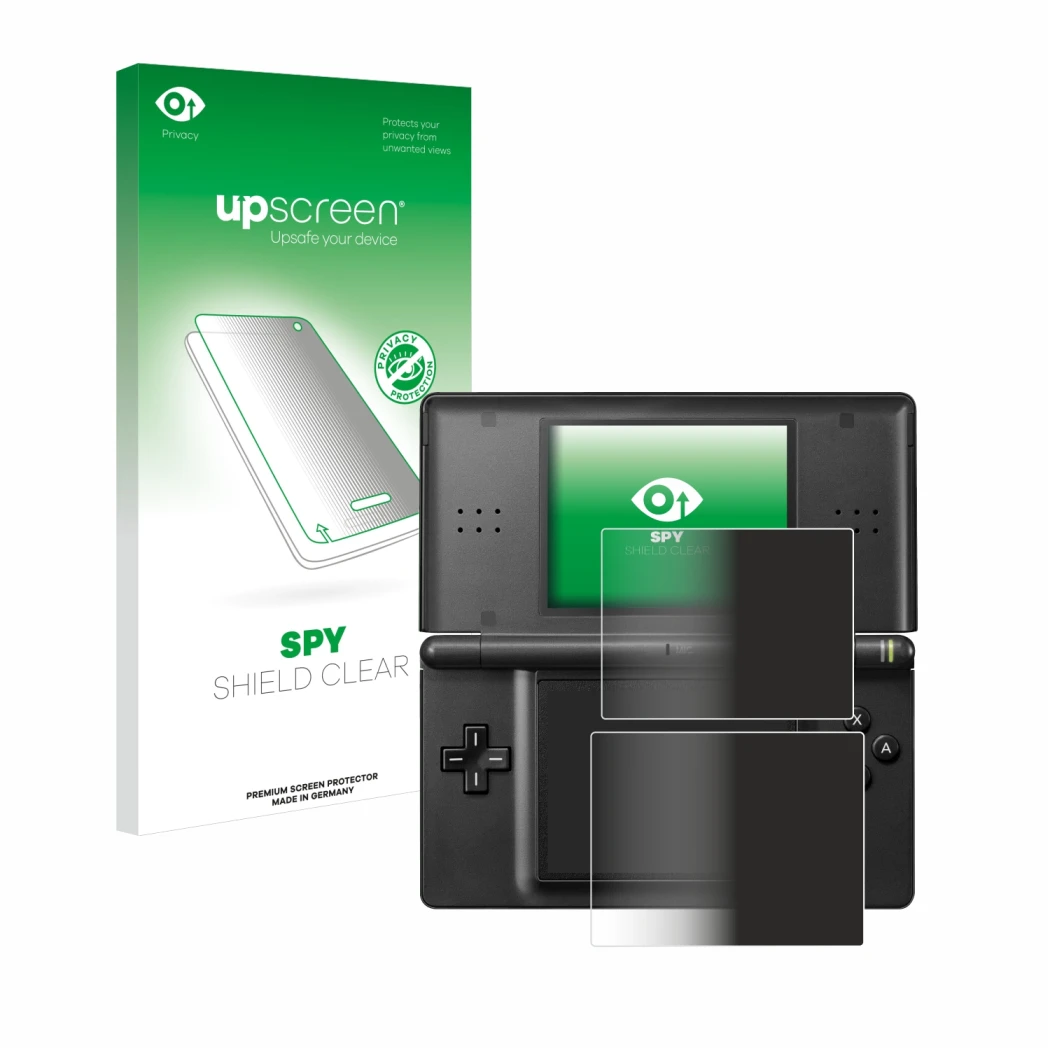 Parte frontal de un envase de producto con el logotipo de la marca upscreen. Al lado se muestra el dispositivo Nintendo DS LIT