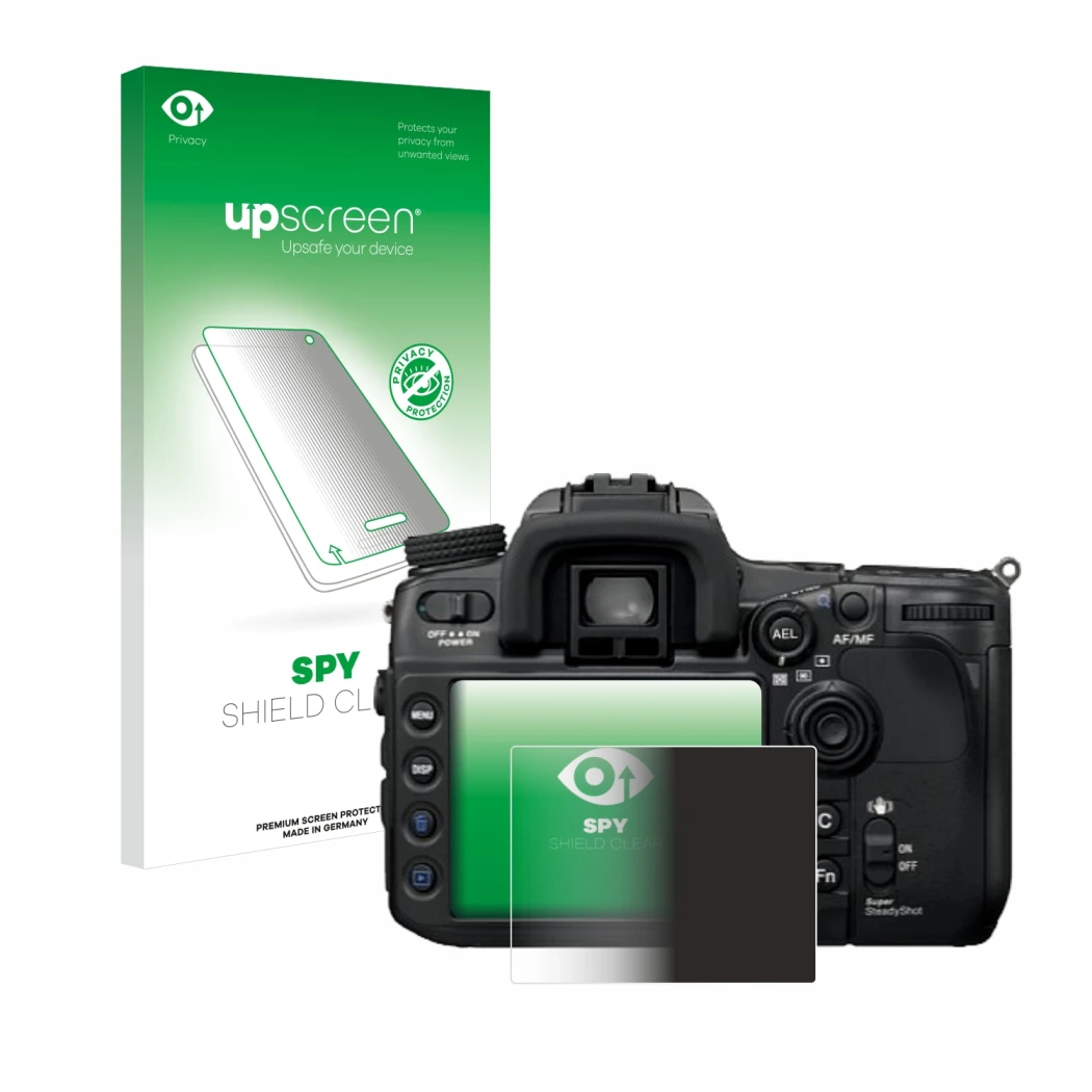 Parte frontal de un envase de producto con el logotipo de la marca upscreen. Al lado se muestra el dispositivo Sony Alpha 700 