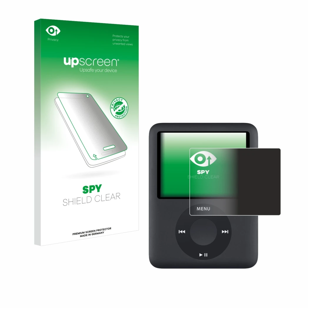 Parte frontal de un envase de producto con el logotipo de la marca upscreen. Al lado se muestra el dispositivo Apple iPod nano
