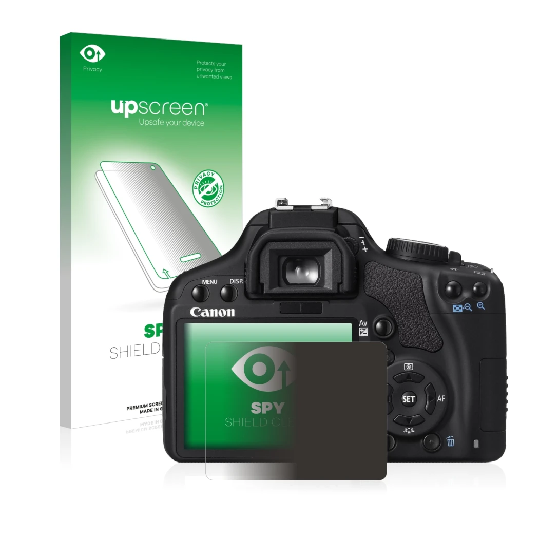 Parte frontal de un envase de producto con el logotipo de la marca upscreen. Al lado se muestra el dispositivo Canon EOS 450D