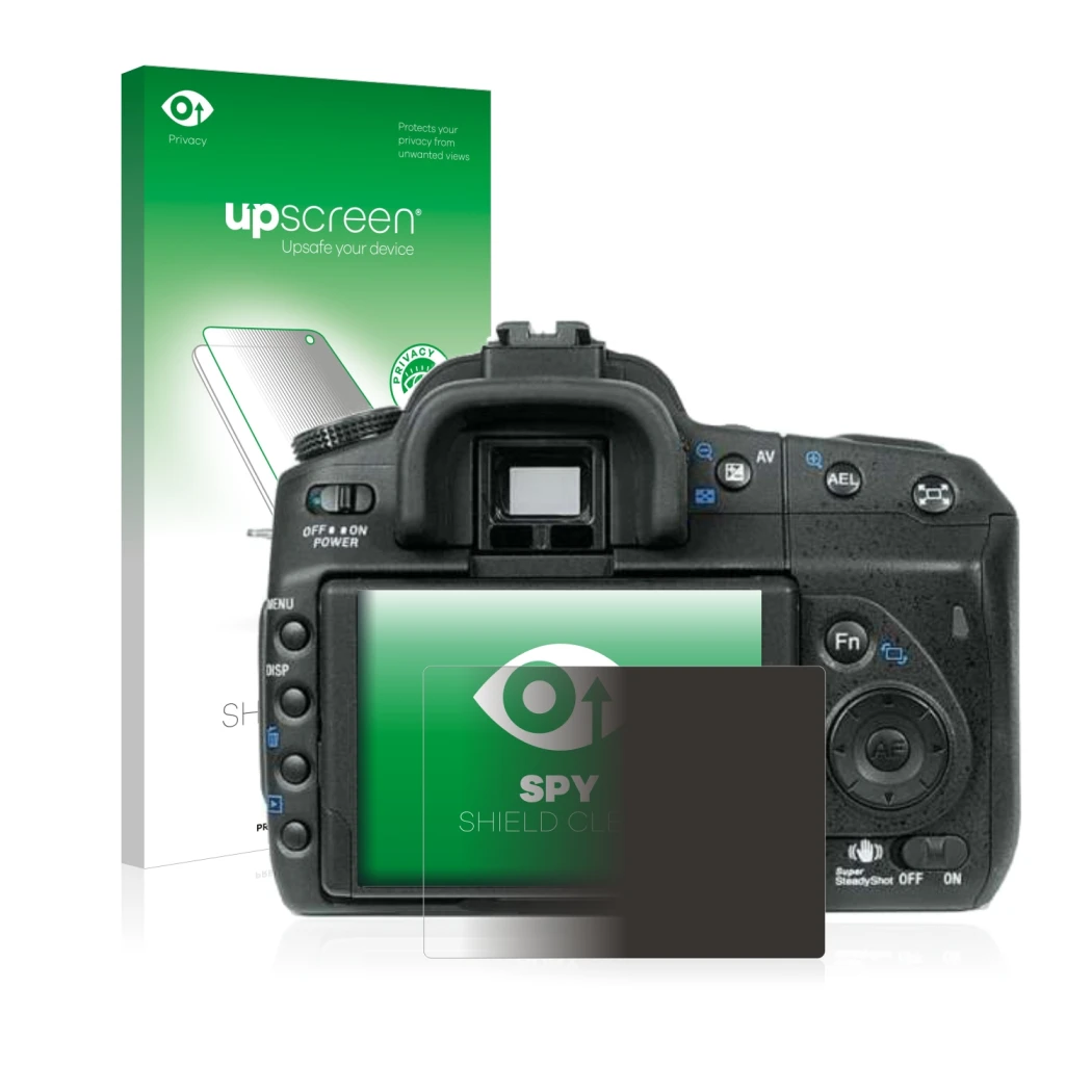 Parte frontal de un envase de producto con el logotipo de la marca upscreen. Al lado se muestra el dispositivo Sony Alpha 350