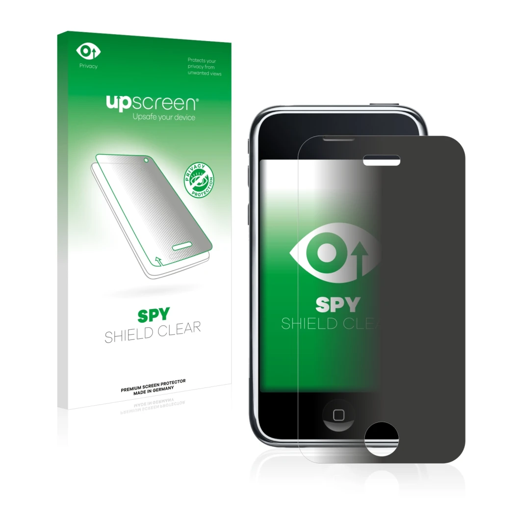 Parte frontal de un envase de producto con el logotipo de la marca upscreen. Al lado se muestra el dispositivo Apple iPhone 3G