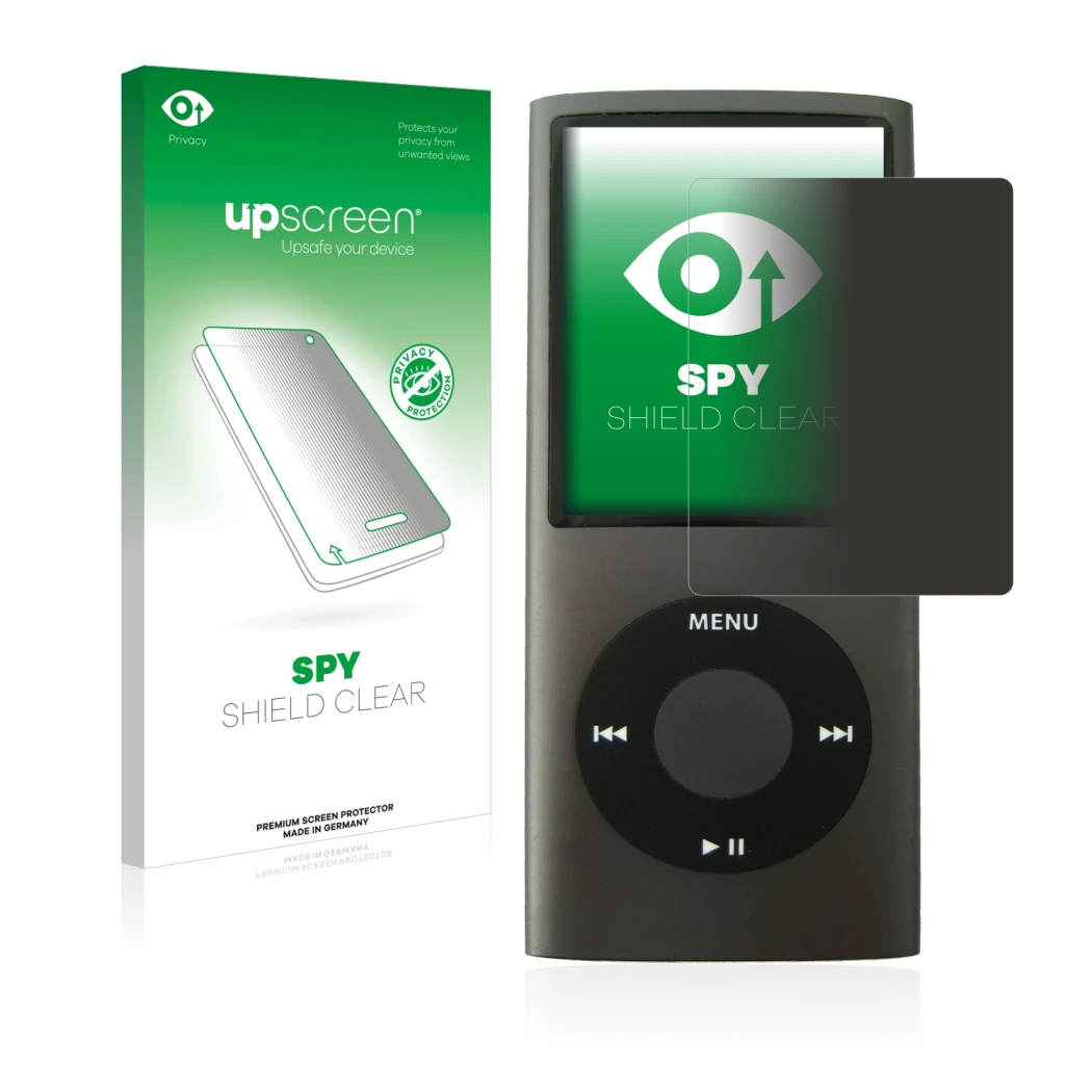 Parte frontal de un envase de producto con el logotipo de la marca upscreen. Al lado se muestra el dispositivo Apple iPod nano