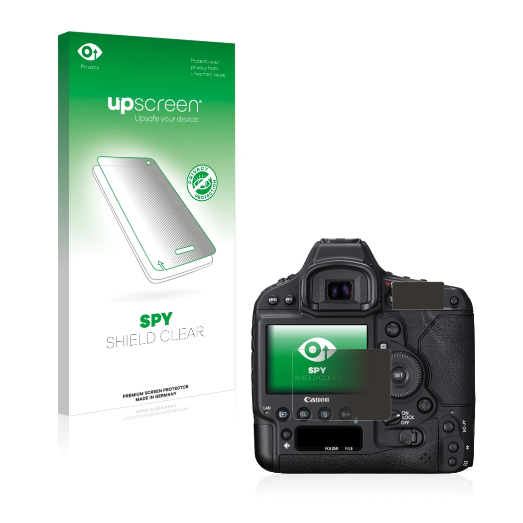 Parte frontal de un envase de producto con el logotipo de la marca upscreen. Al lado se muestra el dispositivo Canon EOS 1Ds M