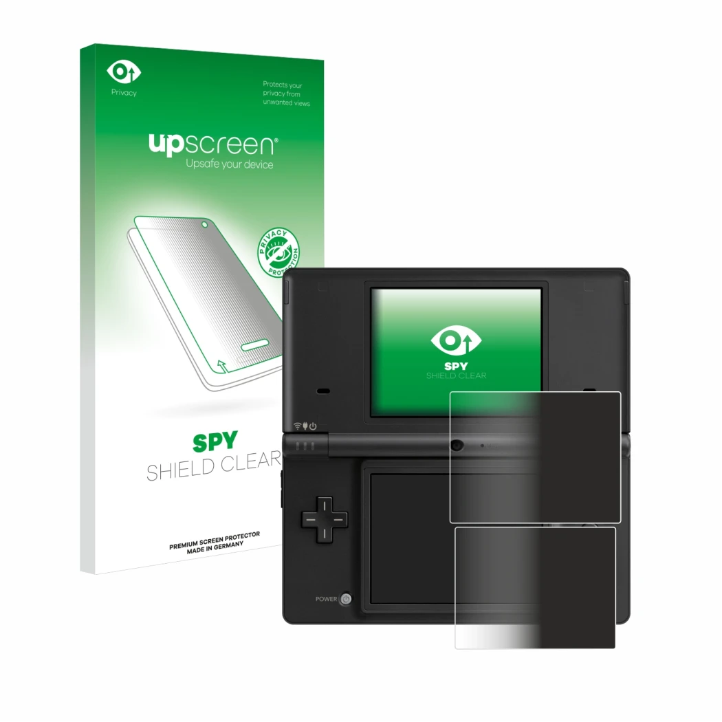 Parte frontal de un envase de producto con el logotipo de la marca upscreen. Al lado se muestra el dispositivo Nintendo DSi co