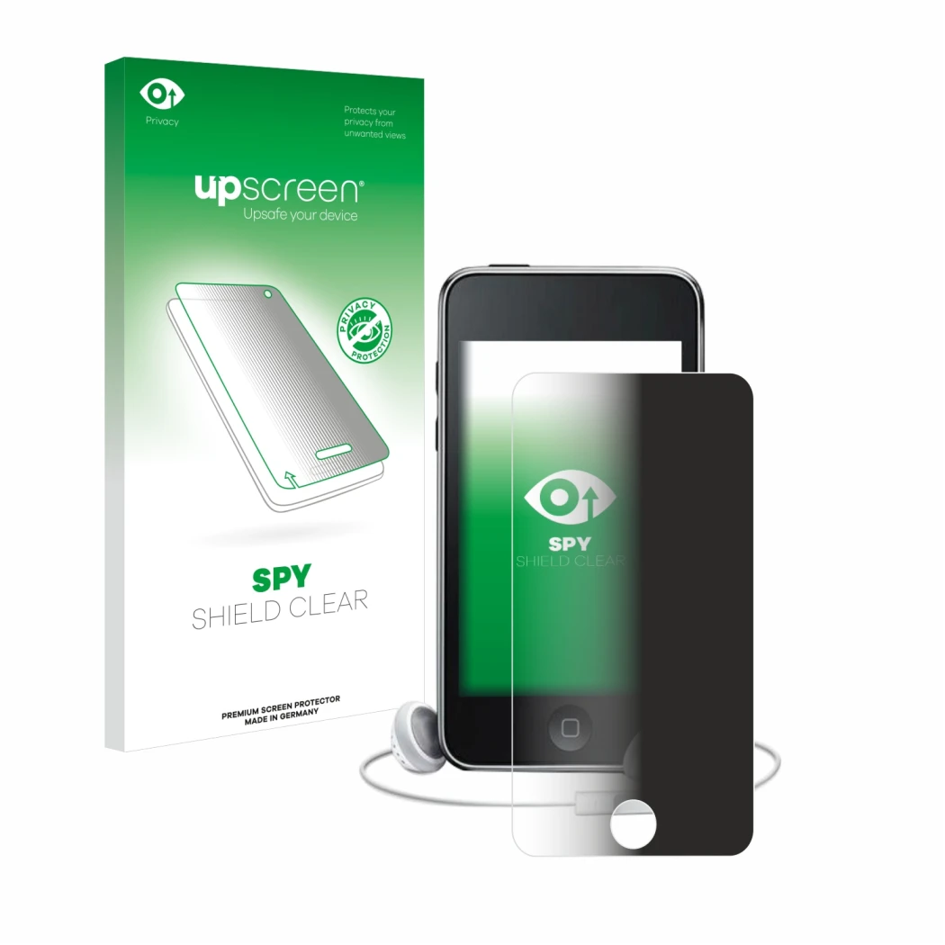 Parte frontal de un envase de producto con el logotipo de la marca upscreen. Al lado se muestra el dispositivo Apple iPod Touc