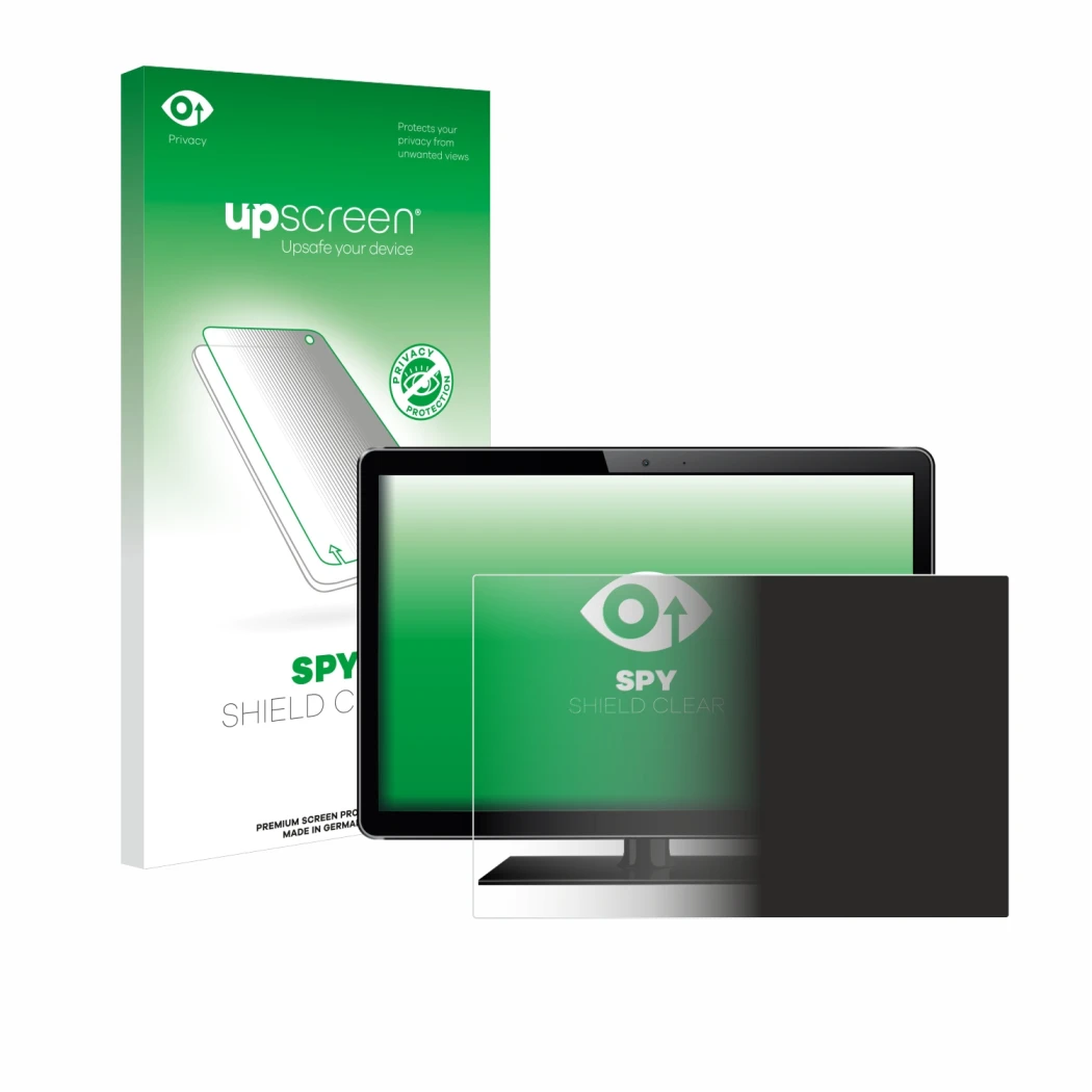 Parte frontal de un envase de producto con el logotipo de la marca upscreen. Al lado se muestra el dispositivo con su protecto
