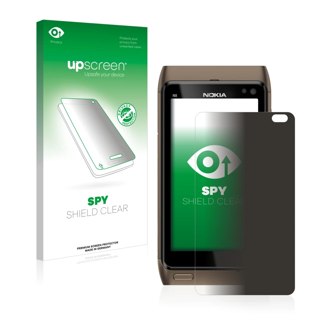 Parte frontal de un envase de producto con el logotipo de la marca upscreen. Al lado se muestra el dispositivo Nokia n8 con su